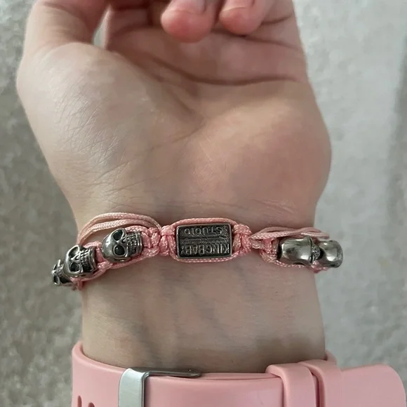 King Baby Studio Macrame Skull Bracelet Silver Skull Bracelet with Pink Cord - Picture 3 of 4